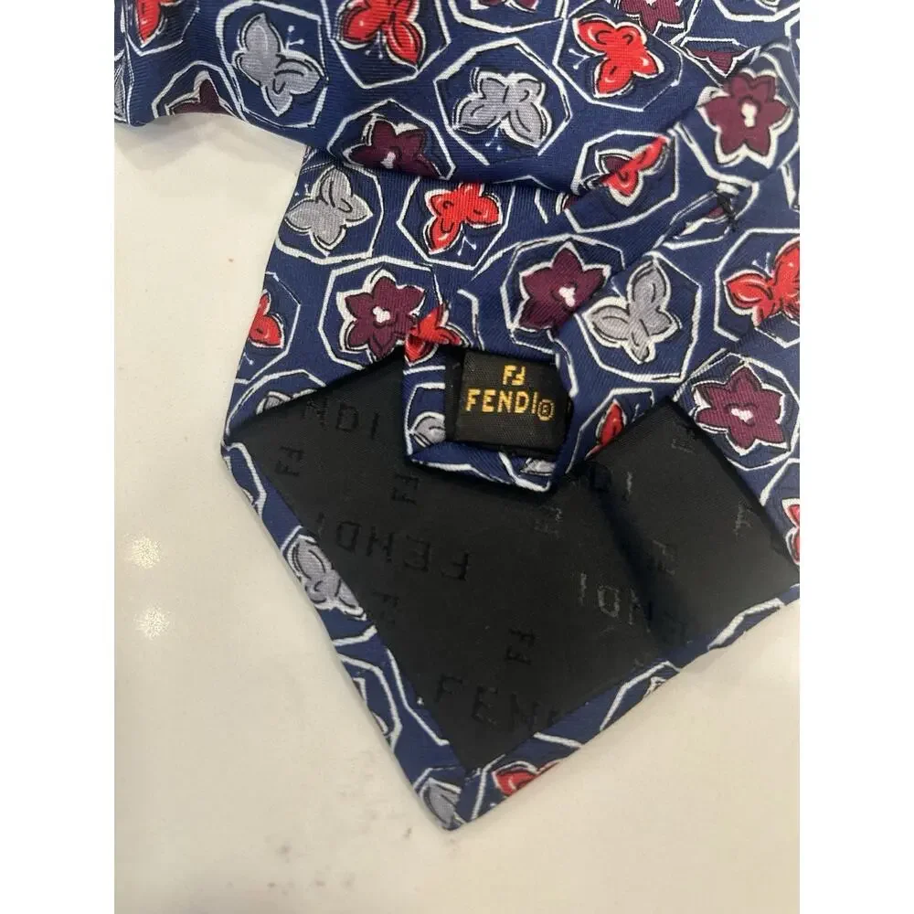 FENDI Italian Men’s Tie 3.5” Silk Navy Floral Geometric Hand Sewn Designer